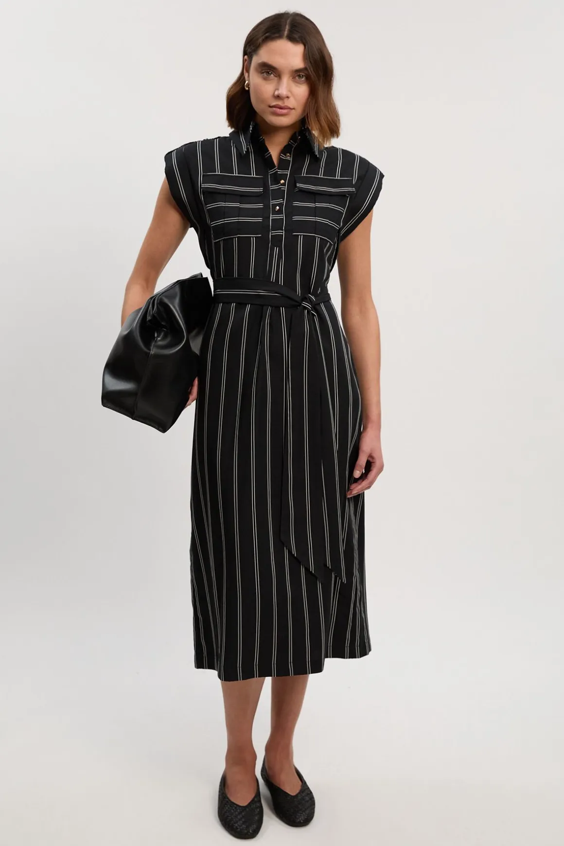 Robe Chemise Maxi en Coton Tissé à Rayures Audacieuses