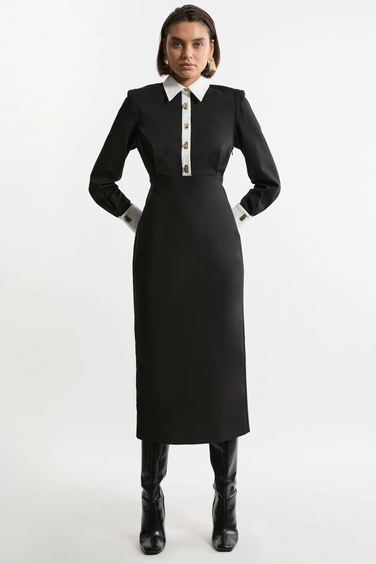 KarenMillen Robe chemise maxi en coton tissé Techno avec attaches dorées<Femme Robes À Manches Longues|Robes