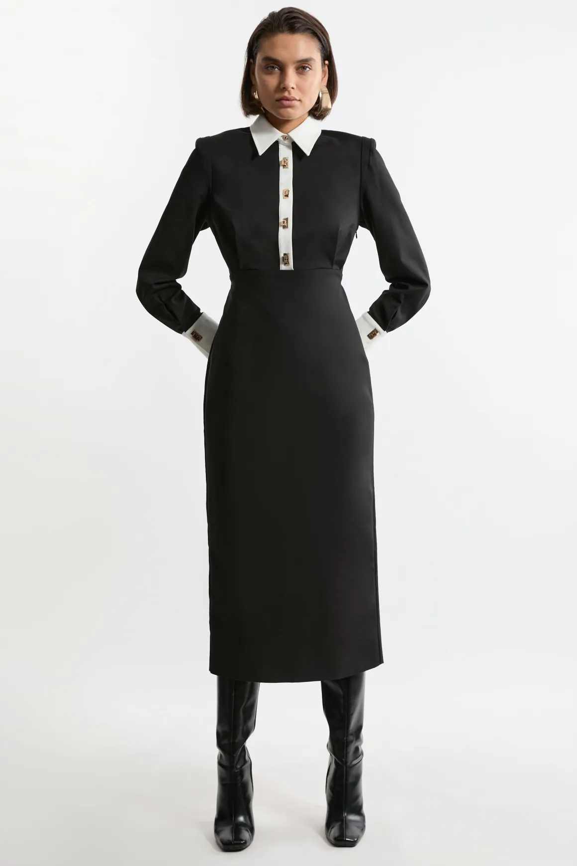 Robe Chemise Maxi en Coton Tissé Techno Petite avec Fermoirs Dorés
