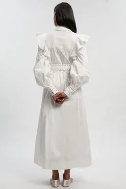 Robe Chemise Maxi En Satin De Coton Tissé À Clous Avec Manches Dramatiques