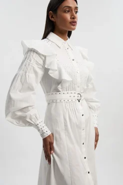 Robe Chemise Maxi En Satin De Coton Tissé À Clous Avec Manches Dramatiques