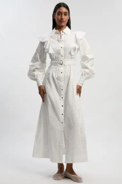 Robe Chemise Maxi En Satin De Coton Tissé À Clous Avec Manches Dramatiques