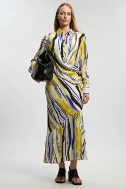 KarenMillen Robe Chemise Maxi En Sergé Tissé À Imprimé Coups De Pinceau<Femme Robes À Manches Longues|Robes