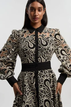 Robe Chemise Maxi Tissée Mono à Découpes Ajourées