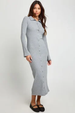 boohoo Robe chemise midaxi à col côtelé boutonnée<Femme Robes Moulantes|Robes À Manches Longues