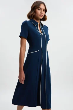 KarenMillen Robe Chemise Midi Ajustée en Crêpe avec Passepoil Contrastant<Femme Tailleurs|Robes Mi-Longues