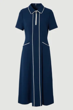 KarenMillen Robe Chemise Midi Ajustée en Crêpe avec Passepoil Contrastant<Femme Tailleurs|Robes Mi-Longues