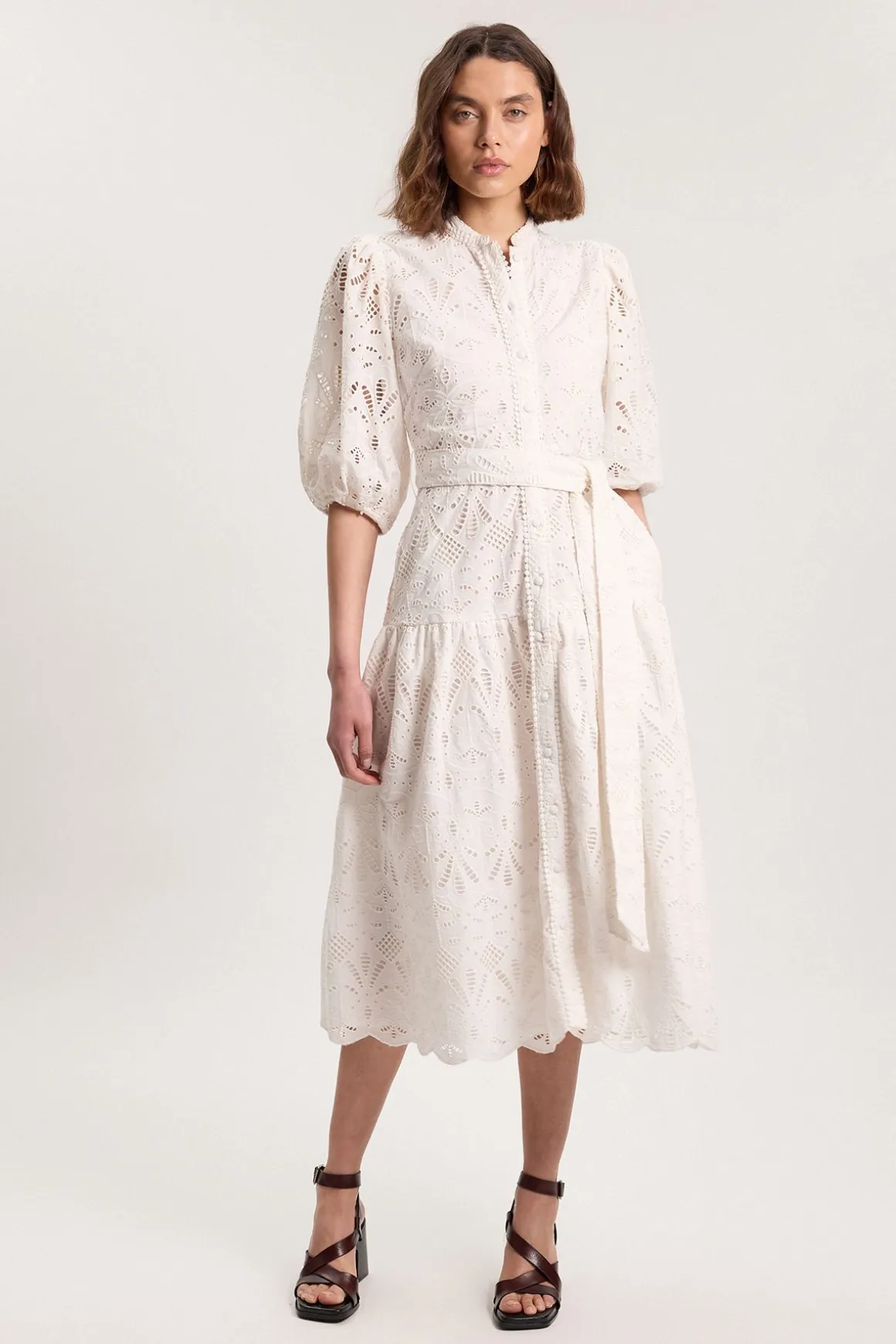 Robe Chemise Midi Broderie Anglaise À Ourlet Festonné
