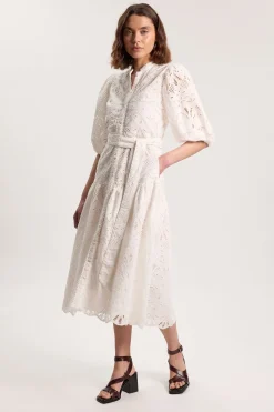 Robe Chemise Midi Broderie Anglaise À Ourlet Festonné