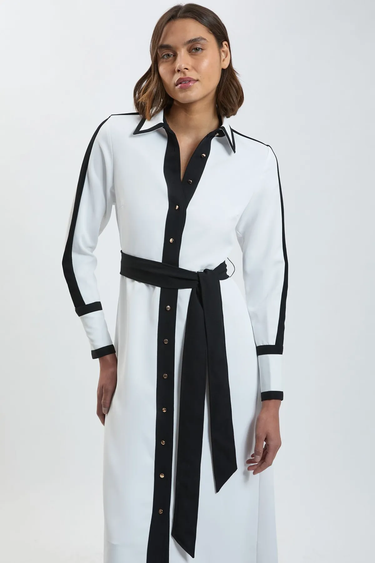 KarenMillen Robe Chemise Midi Ceinturée en Sergé Tissé à Blocs de Couleurs<Femme Robes Mi-Longues|Robes À Manches Longues