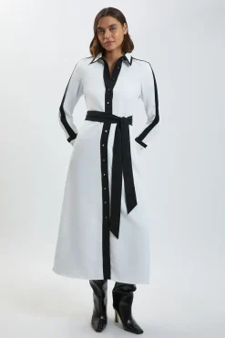 KarenMillen Robe Chemise Midi Ceinturée en Sergé Tissé à Blocs de Couleurs<Femme Robes Mi-Longues|Robes À Manches Longues