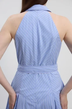Robe Chemise Midi en Coton Rayé à Col Halter et Taille Basse