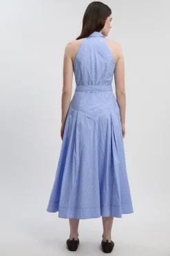 Robe Chemise Midi en Coton Rayé à Col Halter et Taille Basse