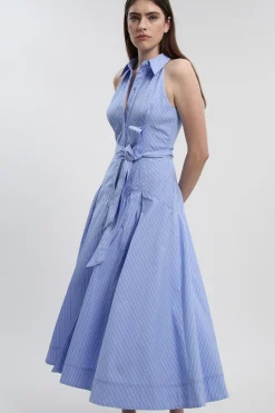 Robe Chemise Midi en Coton Rayé à Col Halter et Taille Basse