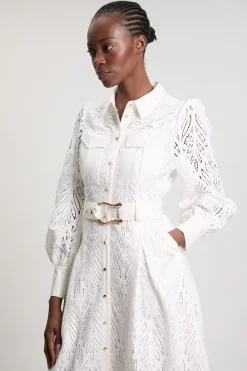Robe Chemise Midi En Coton Tissé Avec Broderie Ajourée