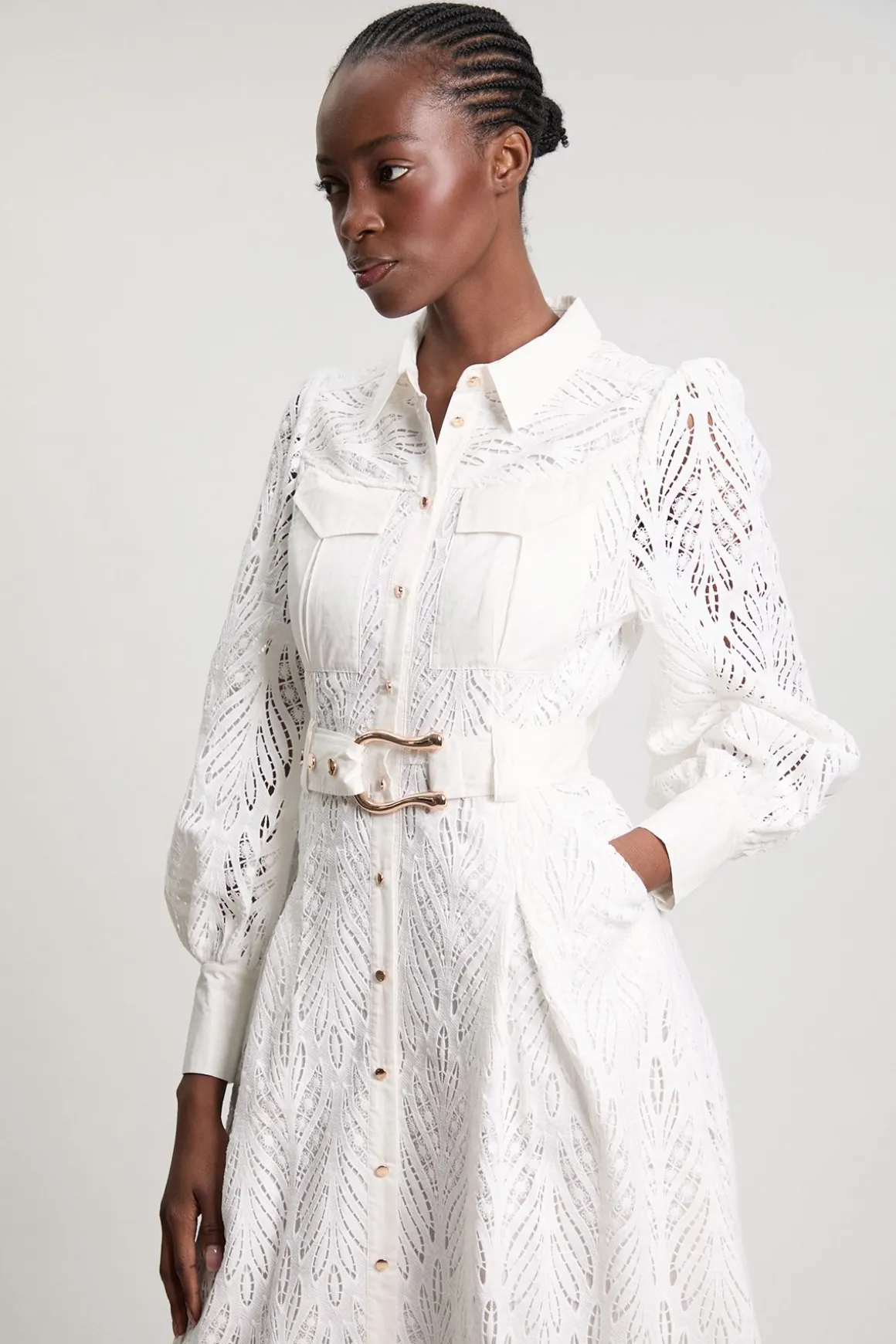 Robe Chemise Midi En Coton Tissé Avec Broderie Ajourée