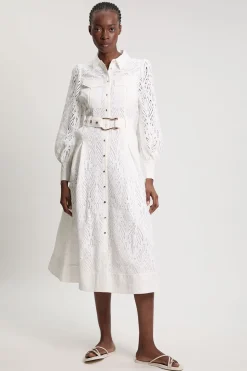 Robe Chemise Midi En Coton Tissé Avec Broderie Ajourée