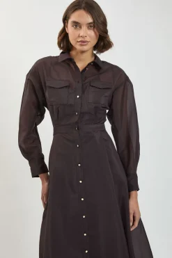 Robe Chemise Midi En Organdi Avec Détails Contrastants