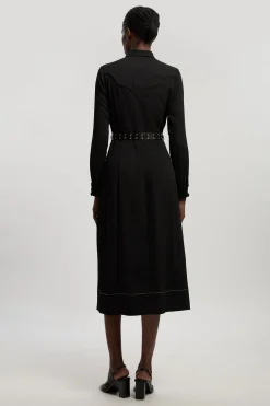 Robe Chemise Midi En Sergé Avec Détails Tissés Contrastés
