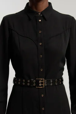 Robe Chemise Midi En Sergé Avec Détails Tissés Contrastés