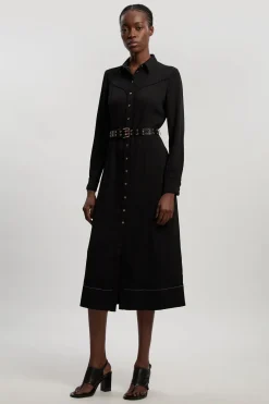 Robe Chemise Midi En Sergé Avec Détails Tissés Contrastés