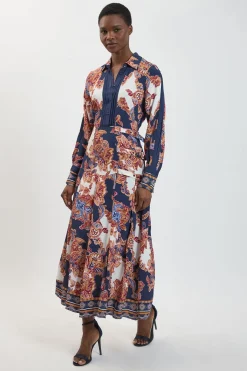 Robe Chemise Midi En Viscose À Imprimé Baroque Avec Ceinture Détaillée