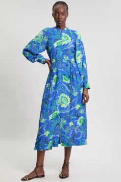Robe Chemise Midi En Viscose Tissée À Imprimé Floral Cobalt