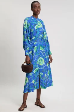 Robe Chemise Midi En Viscose Tissée À Imprimé Floral Cobalt