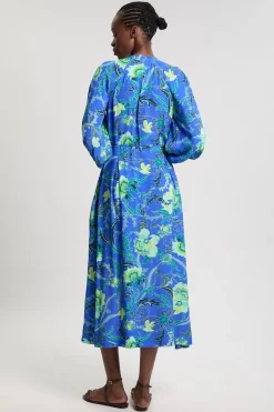 Robe Chemise Midi En Viscose Tissée À Imprimé Floral Cobalt