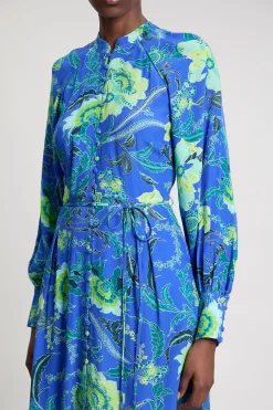 Robe Chemise Midi En Viscose Tissée À Imprimé Floral Cobalt