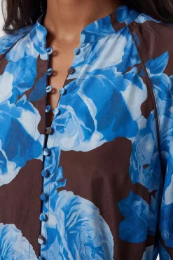 Robe Chemise Midi En Viscose Tissée À Rayures Contrastées Et Imprimé Floral Bleu