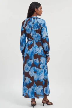 Robe Chemise Midi En Viscose Tissée À Rayures Contrastées Et Imprimé Floral Bleu