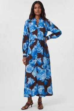 Robe Chemise Midi En Viscose Tissée À Rayures Contrastées Et Imprimé Floral Bleu