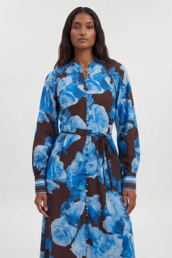 Robe Chemise Midi En Viscose Tissée À Rayures Contrastées Et Imprimé Floral Bleu