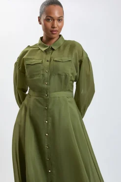 KarenMillen Robe Chemise Midi Grande Taille En Organdi Avec Détails Contrastés<Femme Robes Mi-Longues|Robes À Manches Longues