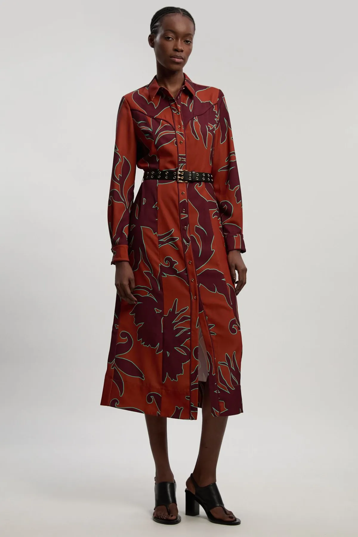 KarenMillen Robe Chemise Midi Imprimée Western En Sergé Tissé<Femme Robes Mi-Longues|Robes À Manches Longues