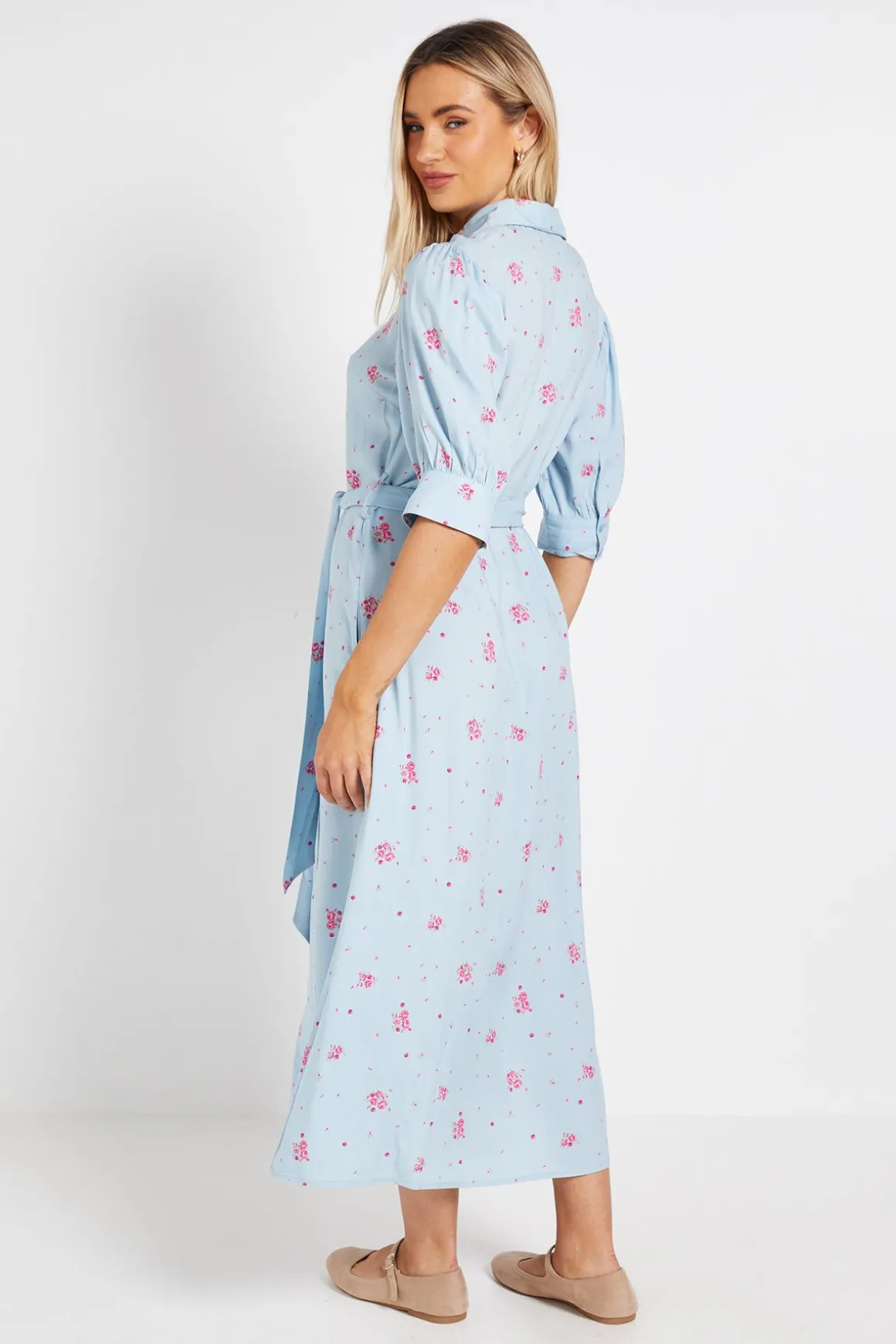 Robe Chemise Midi À Imprimé Floral Bleu