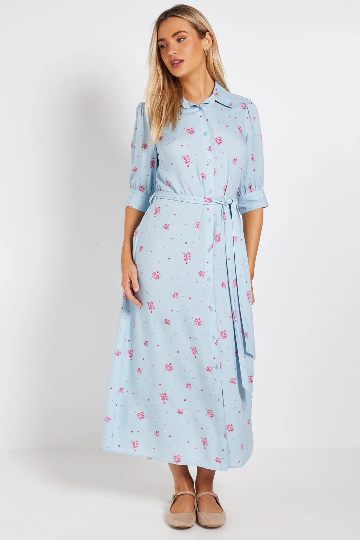 Robe Chemise Midi À Imprimé Floral Bleu