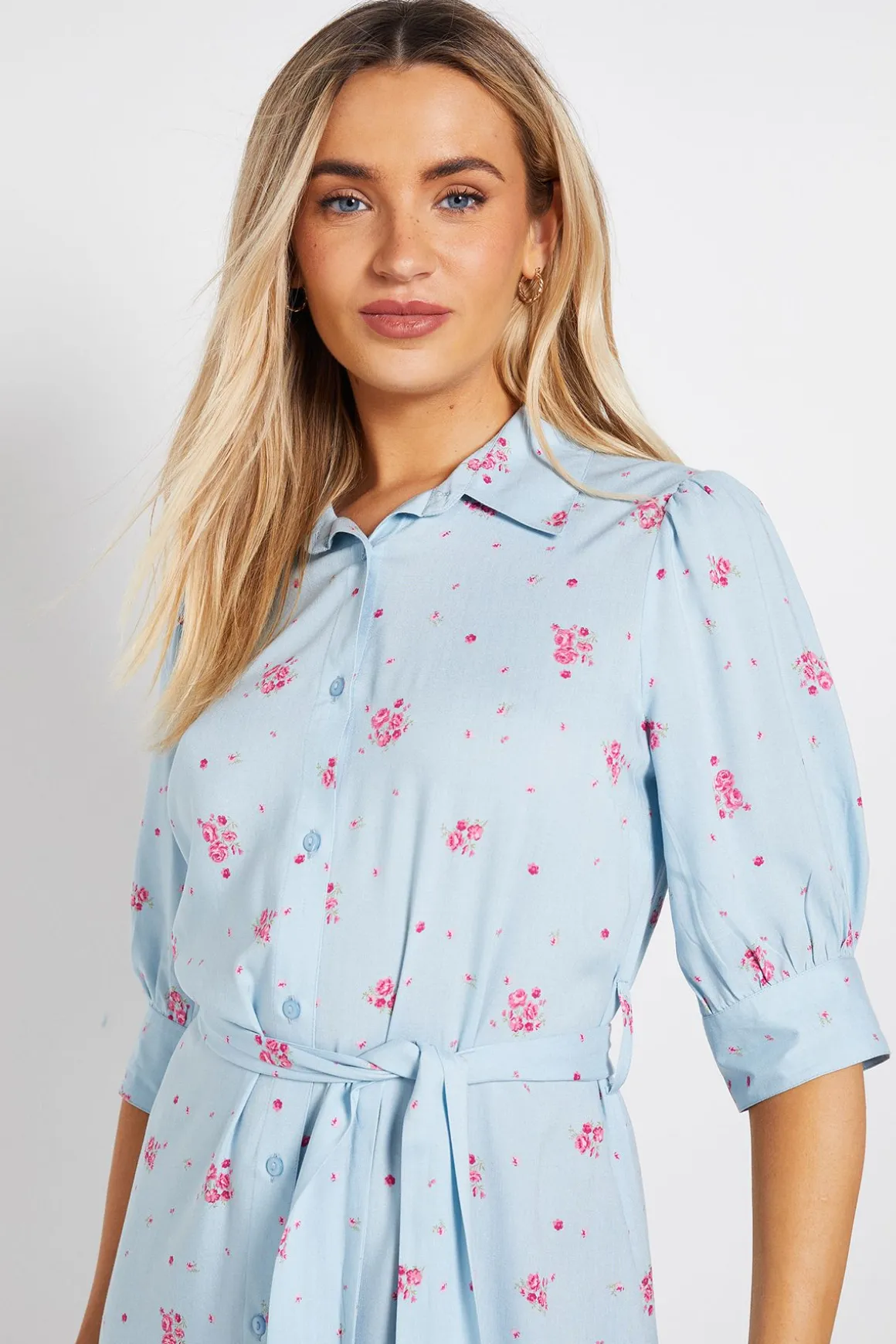 Robe Chemise Midi À Imprimé Floral Bleu