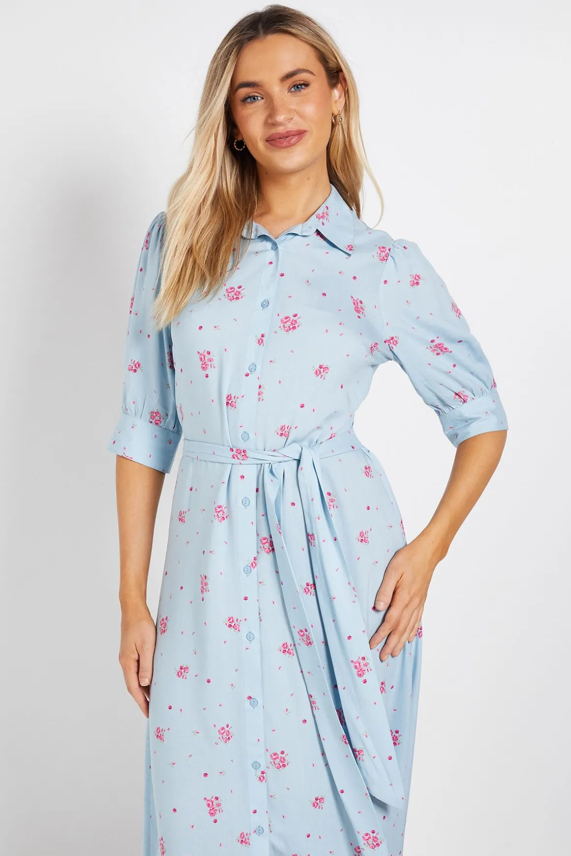 Robe Chemise Midi À Imprimé Floral Bleu