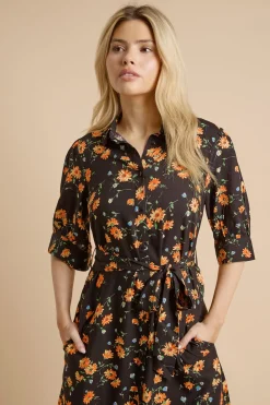 Robe Chemise Midi Noire À Fleurs Avec Manches Bouffantes