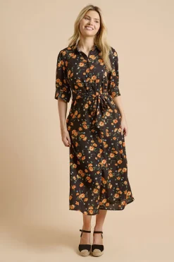 Robe Chemise Midi Noire À Fleurs Avec Manches Bouffantes