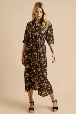 Robe Chemise Midi Noire À Fleurs Avec Manches Bouffantes