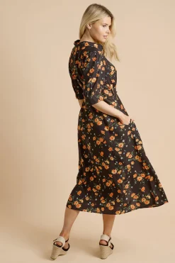 Robe Chemise Midi Noire À Fleurs Avec Manches Bouffantes