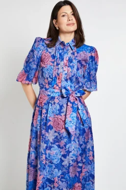 Robe Chemise Midi À Plis Nervurés En Organza Fleuri