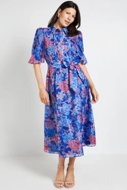Robe Chemise Midi À Plis Nervurés En Organza Fleuri