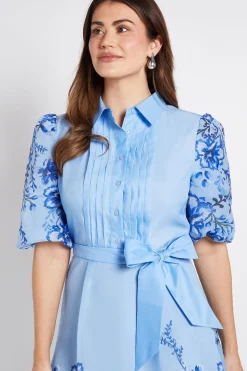Robe Chemise Midi À Plis Nervurés En Organza Fleuri