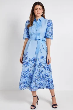Robe Chemise Midi À Plis Nervurés En Organza Fleuri