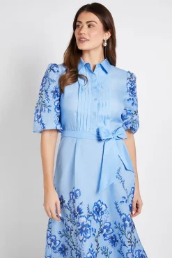 Robe Chemise Midi À Plis Nervurés En Organza Fleuri