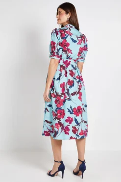 Robe Chemise Midi À Plis Nervurés Et Imprimé Floral